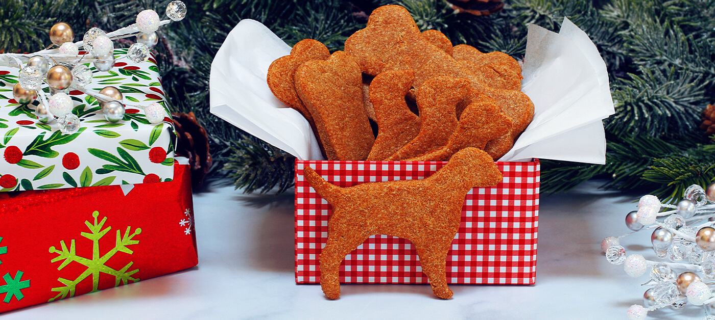 A gift box containing gingerbread cookies shaped like dogs.