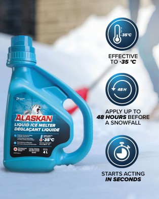 Apply Alaskan Liquid Ice Melter up to 48 hours before a snowfall