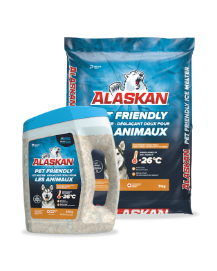 Déglaçant doux pour les animaux Alaskan en sac de 9kg et en contenant de 4,5kg