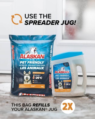 Use Alaskan Pet Friendly Ice Melter spreader jug