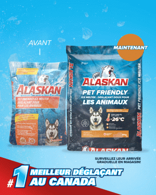 Le déglaçant doux pour les animaux Alaskan en sac de 9kg avant et maintenant