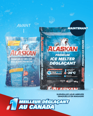 Le déglaçant premium Alaskan en sac de 9kg avant et maintenant