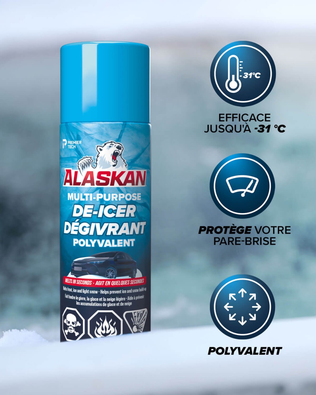 Dégivreur pour pare-brise Alaskan en action!, Pas de temps et d'énergie à  perdre le matin? Appliquez le Dégivreur pour pare-brise Alaskan sur votre  pare-brise, vos essuie-glaces et vos rétroviseurs